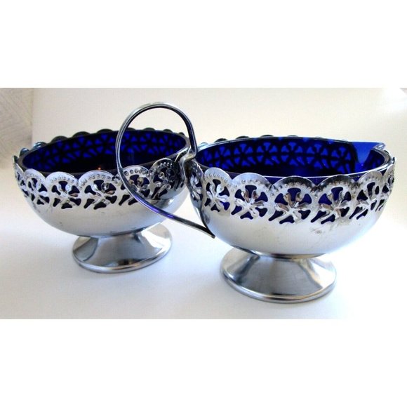 Cobalt Blue Glass and Silver Quality Plate Sugar and Creamer Set - England VTG - Picture 2 of 16